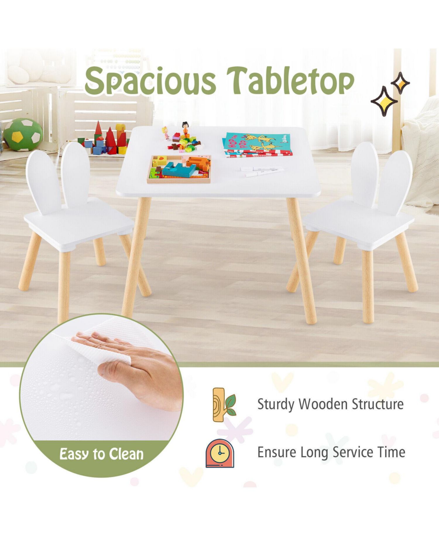 3 Pieces Kids Table and Chairs Set for Arts Crafts Snack Time
