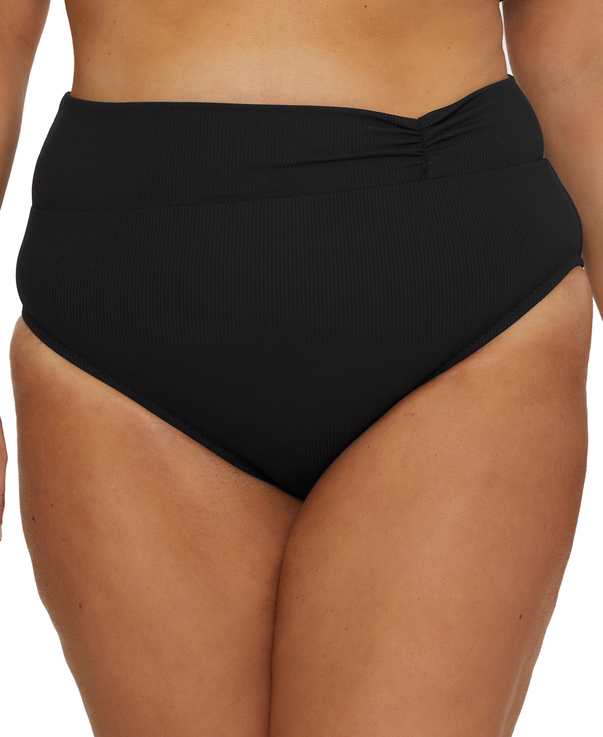 Plus Size Modern Edge Rib Shirred High-Waist Bikini Bottoms - Black