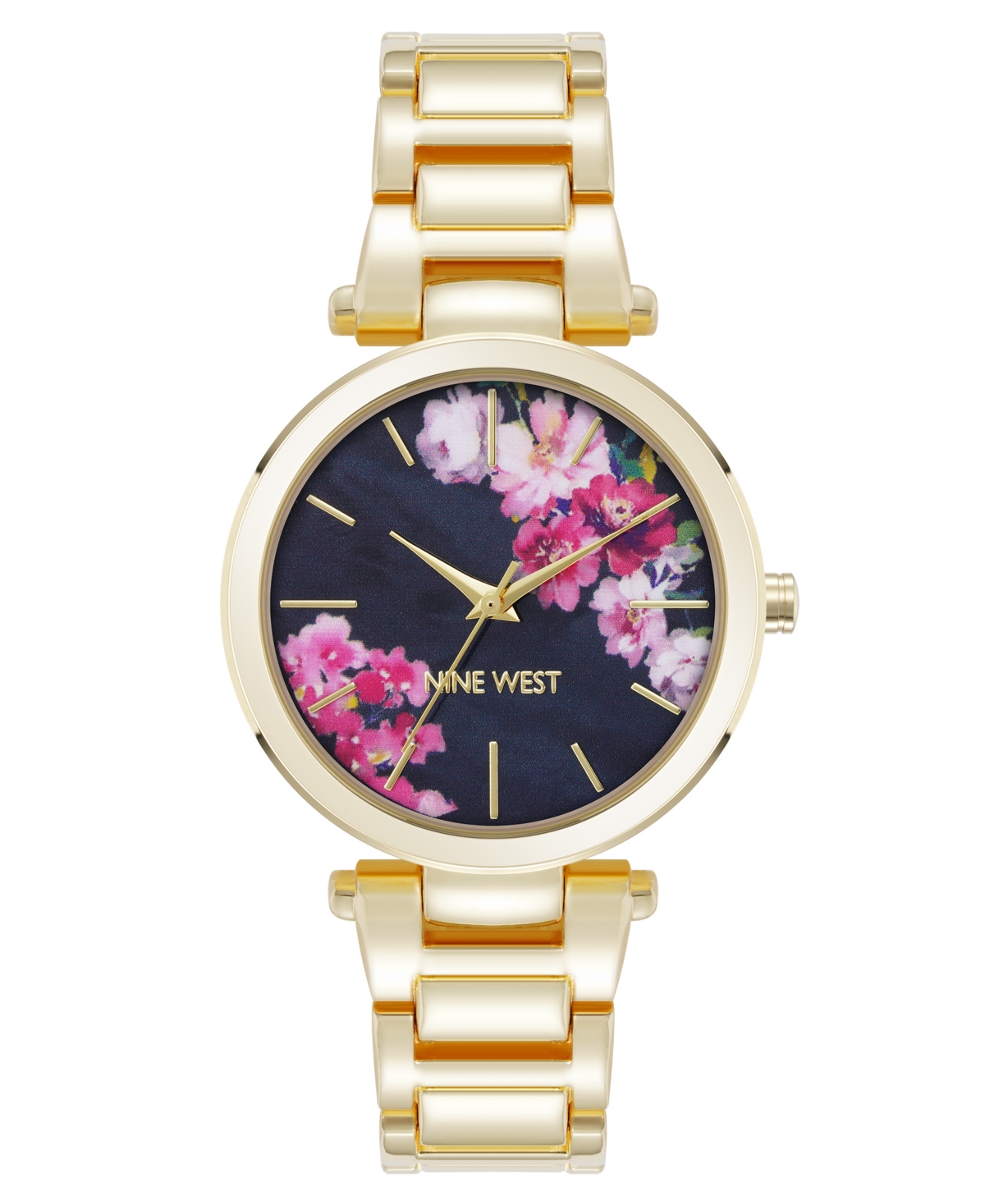 NINE WEST WOMEN'S QUARTZ GOLD-TONE METAL ALLOY BLACK FLORAL DIAL WATCH, 36MM 