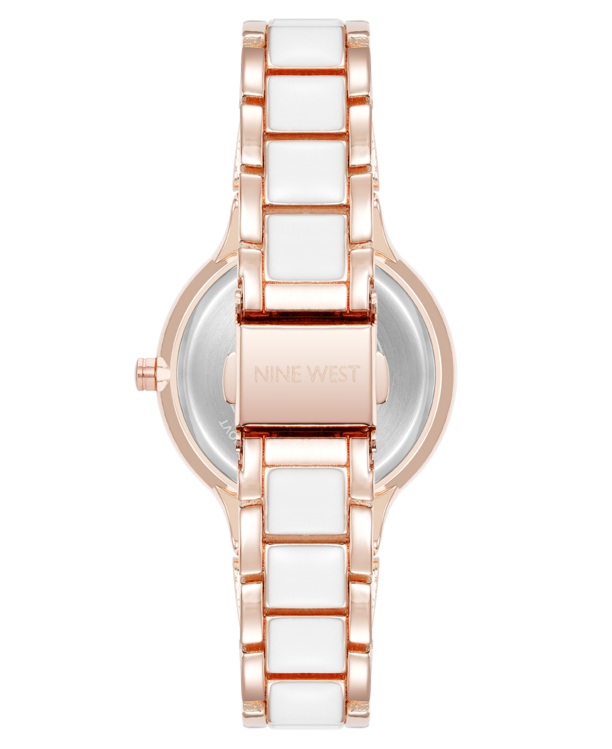 Nine West Women's Quartz Round White Enamel And Rose Gold-tone Metal Alloy Watch, 32mm In White,rose Gold-tone