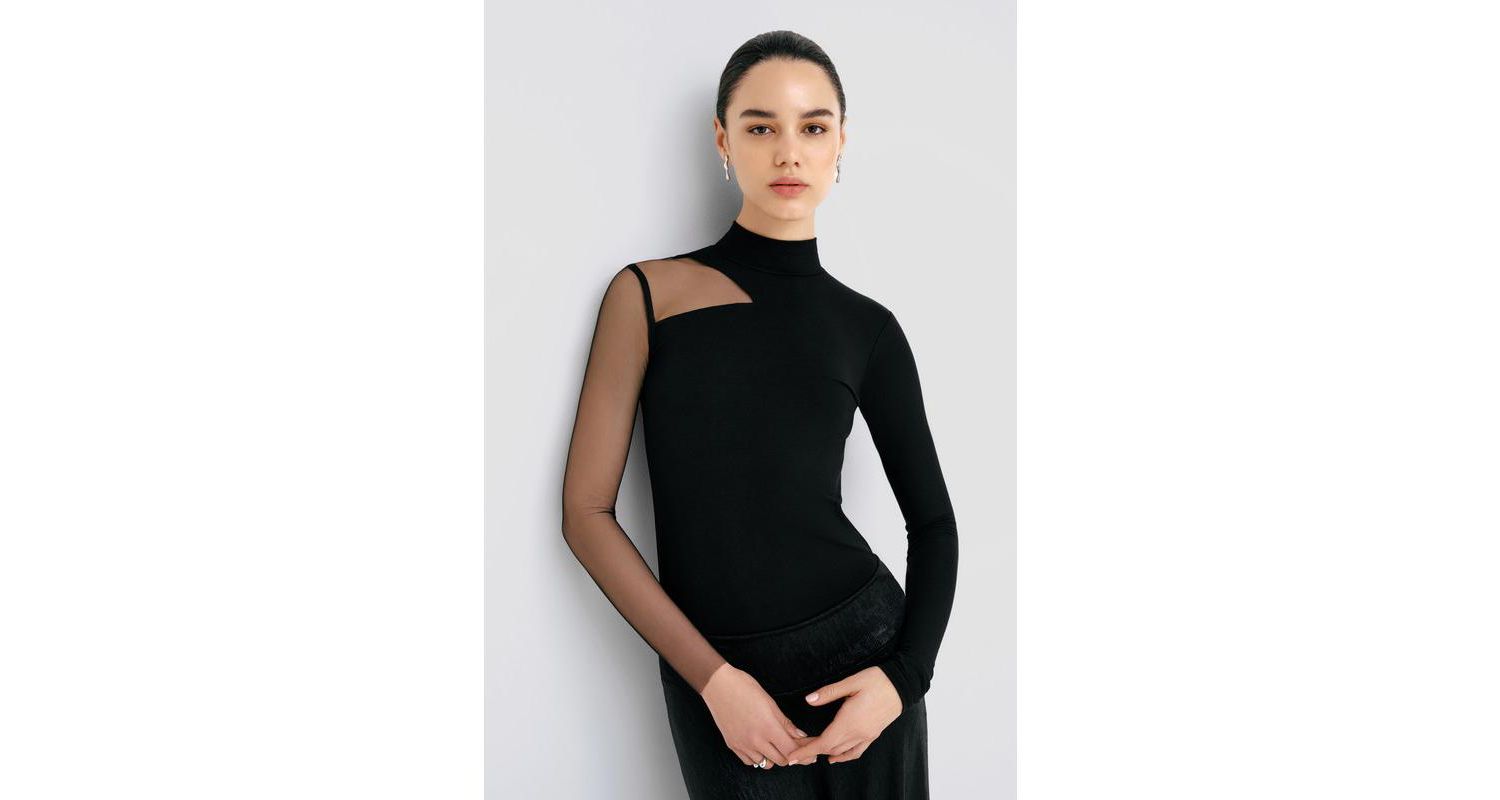 Women's Ysabel Mock-Neck Mesh-Sleeve Fitted Jersey Top