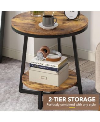 End Table, 2 Tier Round Side Table with Storage Shelf, Industrial Nightstand Bedside Table Coffee Accent Table for Living Room Bedroom Small Space