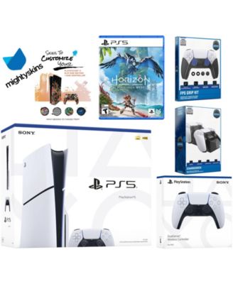 Playstation 5 Slim Disc Bundle with Horizon Forbidden West, Extra Gray Camo Controller, FPS Grip Kit, Dual Charge Dock and MightySkins Decal Vouc