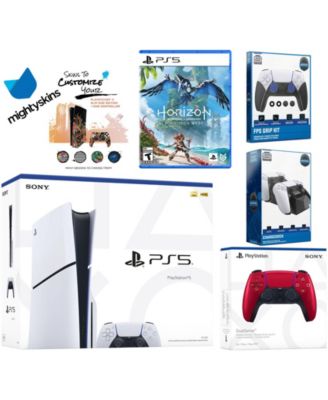 Playstation 5 Slim Disc Bundle with Horizon Forbidden West, Extra Gray Camo Controller, FPS Grip Kit, Dual Charge Dock and MightySkins Decal Vouc