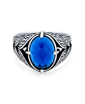 Unisex Stainless Steel  Oval Blue Sapphire CZ Ring Oxidized Silver