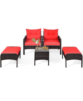 5PCS Patio Set Sectional Rattan Wicker Furniture Set w/ Red Cushion