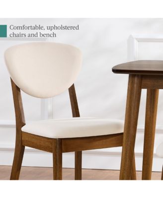 4-Piece Mid-Century Modern Upholstered Wooden Dining Set w/ 2 Chairs, Bench - Walnut/Cream