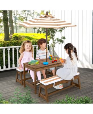 Kids Picnic Table and Bench Set with Cushions and Height Adjustable Umbrella