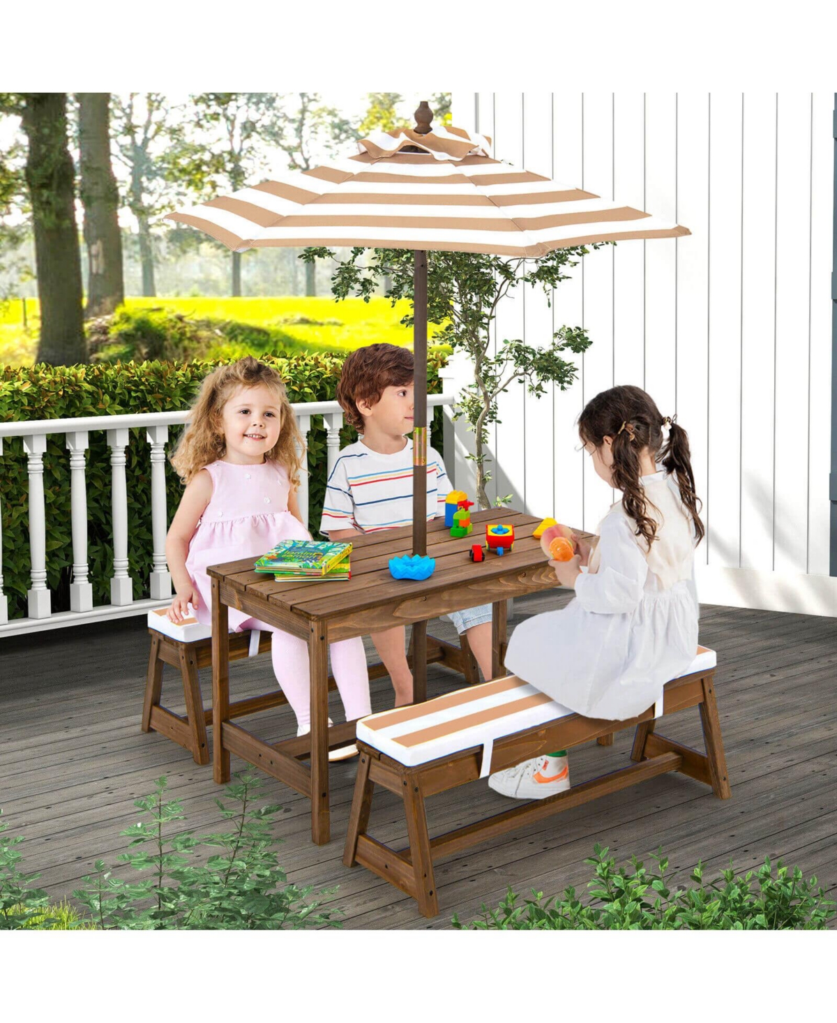 Kids Picnic Table and Bench Set with Cushions and Height Adjustable Umbrella