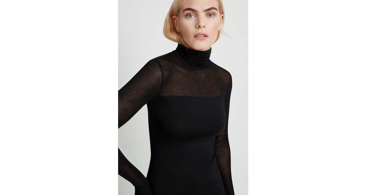 Women's Cara Fitted Turtleneck Top with Sheer Jersey Sleeves