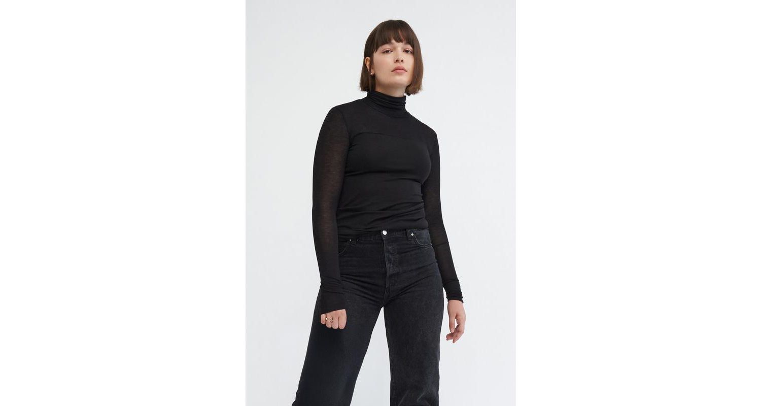 Women's Cara Fitted Turtleneck Top with Sheer Jersey Sleeves