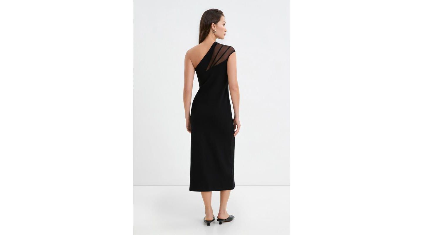 Женское платье Marcella Kiran Fitted One-Shoulder Mesh Asymmetric Midi, цвет: Чёрный — фото 3