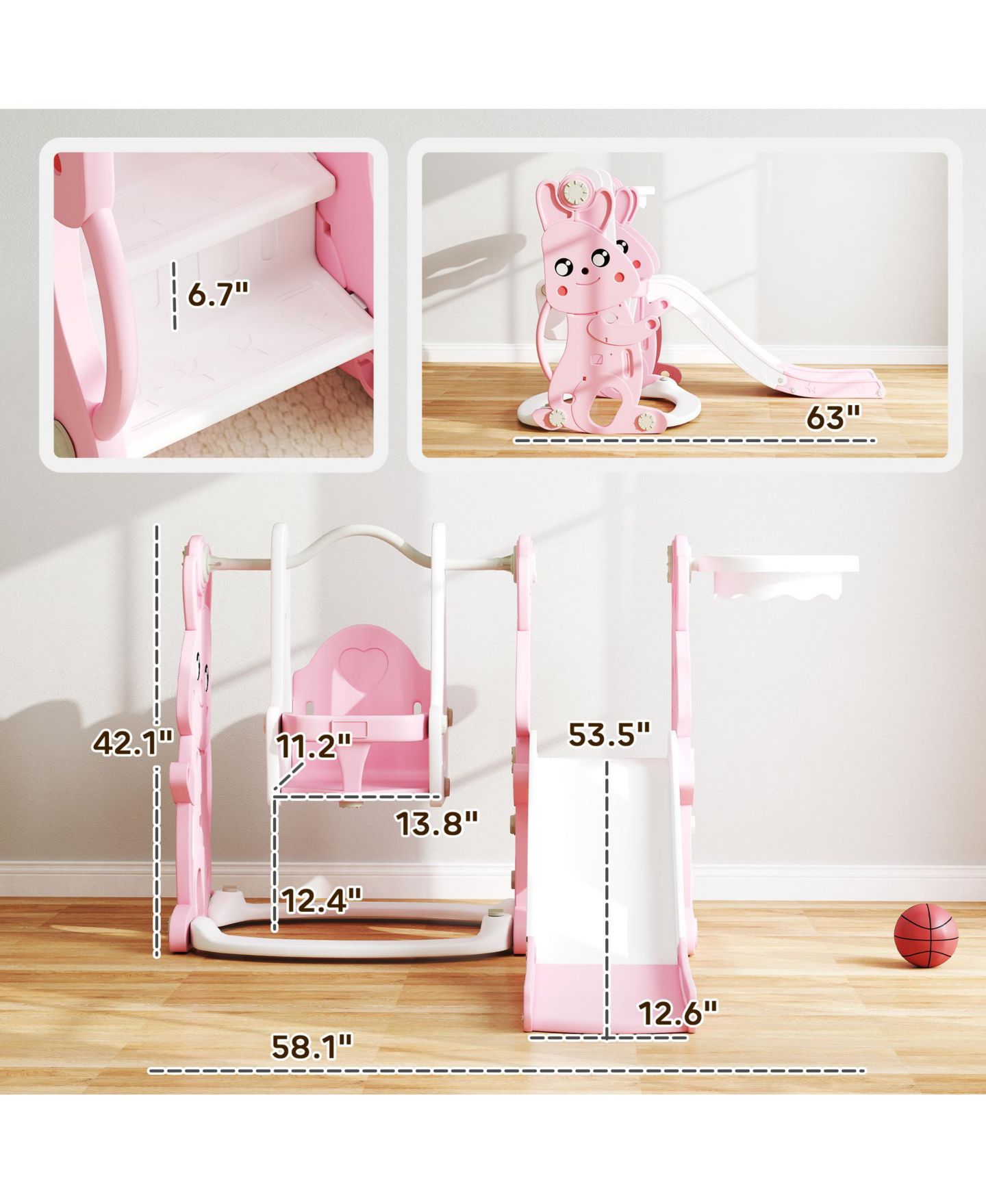 Детские игрушки Qaba 4-in-1 Toddler Slide and Swing Set with Climber and Basketball Hoop, Ages 18 Months+, цвет: Розовый — фото 3