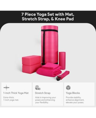 7 Piece Yoga Set with Mat, Stretch Strap, & Knee Pad, Pink