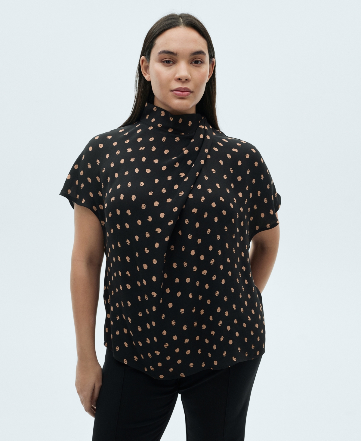 Mango Drape Neck Polka Dot Top In Black