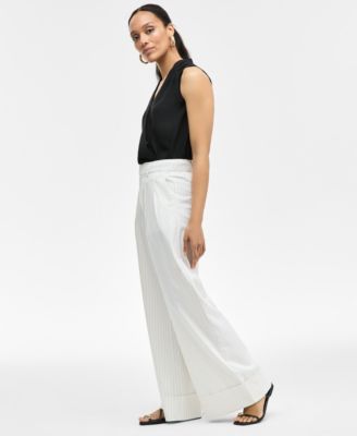 Women's Pinstriped Cuffed Wide-Leg Pants