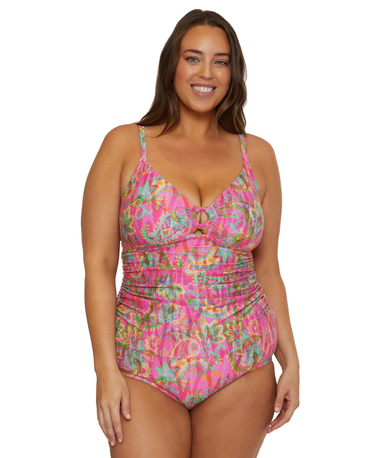 BECCA ETC PLUS SIZE POLYNESIA PRINTED RING TANKINI TOP 
