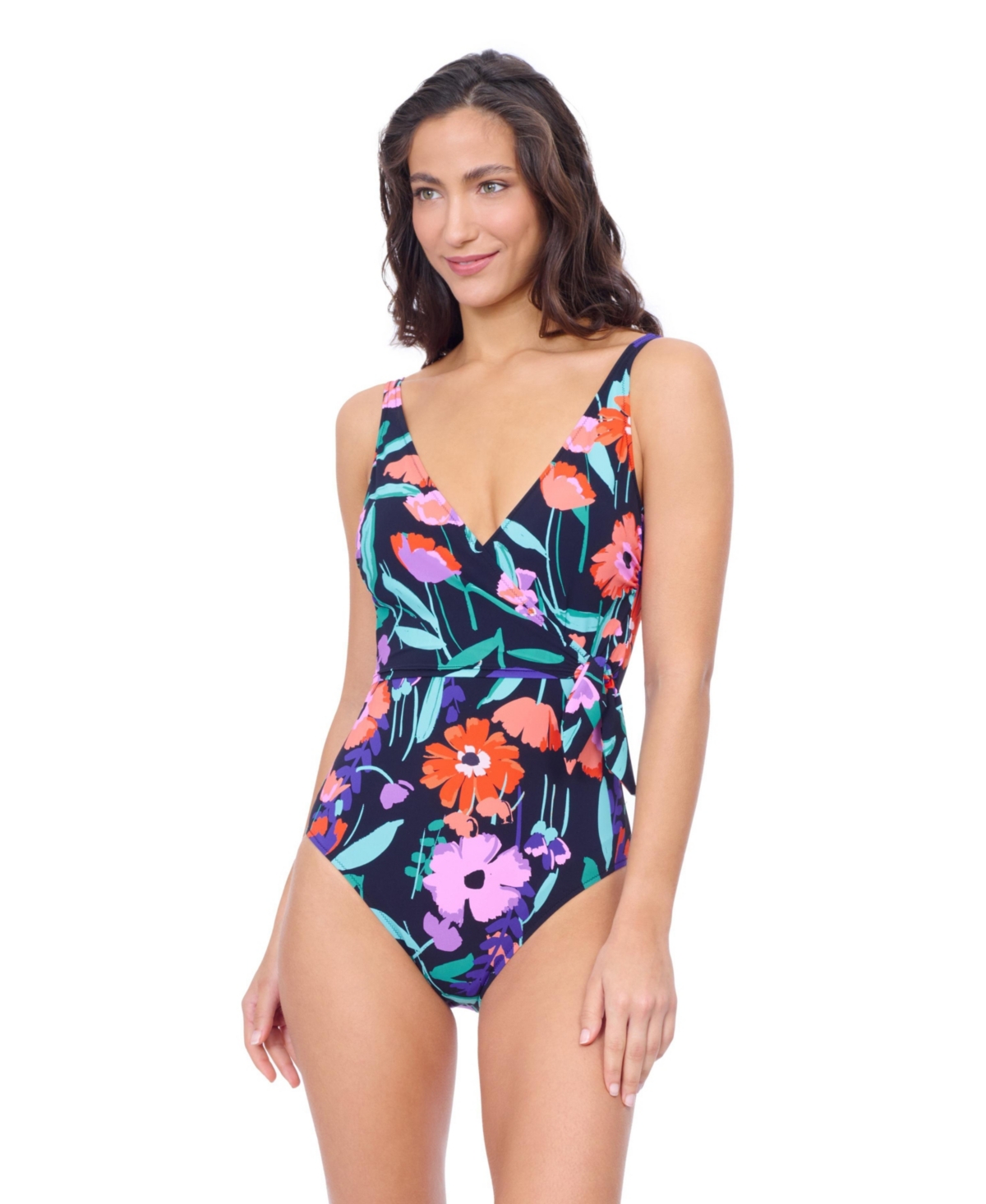 Women's Marguerite V Neck Ruffle Surplice Swimdress - Black multi