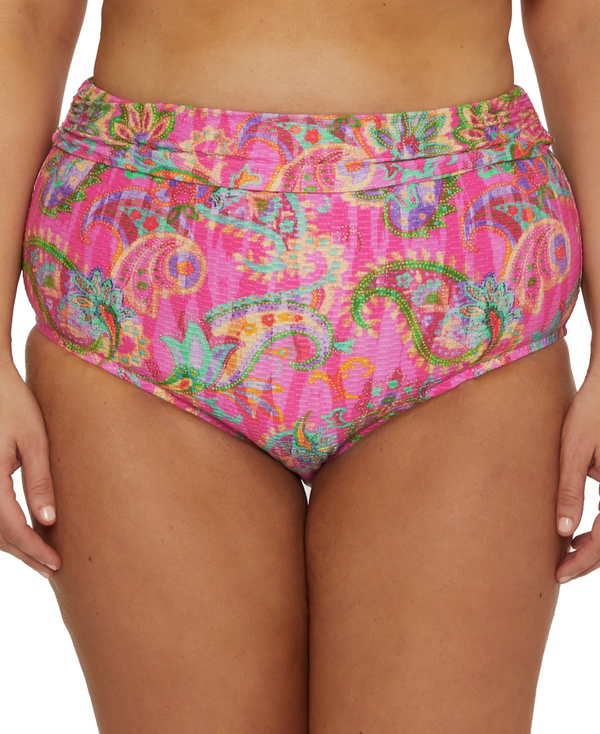 BECCA ETC PLUS SIZE POLYNESIA WIDE-BAND ROLL HIGH-WAIST BIKINI BOTTOMS 