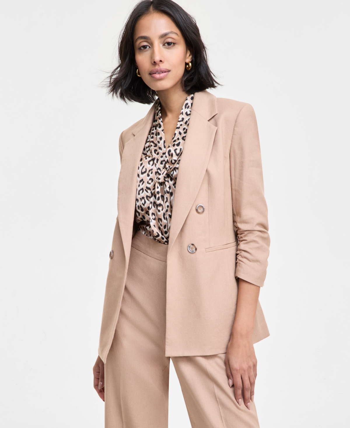 Women's Ruched-Sleeve Open-Front Linen Blazer, Exclusively at Macy's - Terra Clay