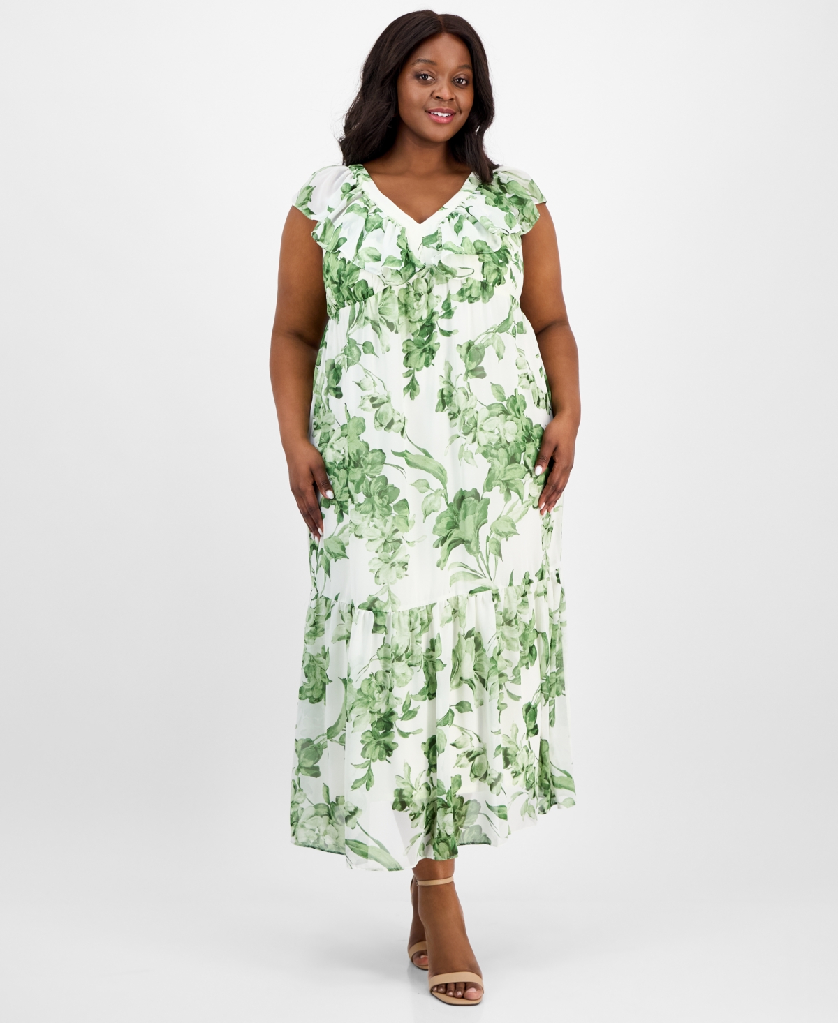 Plus Size Printed Chiffon Ruffle-Sleeve Maxi Dress - Ivory Broccoli