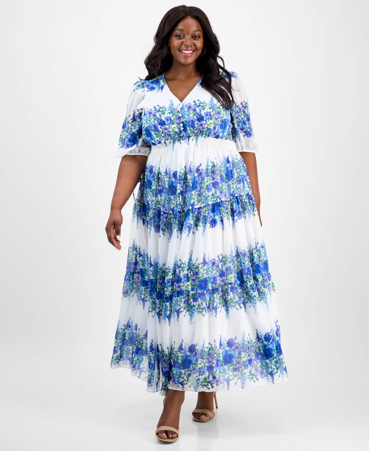 Plus Size Printed Tie-Sleeve Tiered Maxi Dress - Blue Wisteria