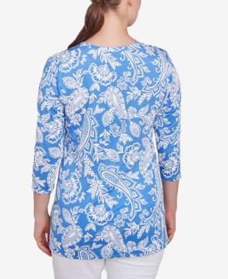 Petite Jacobean Paisley Puff Print V-Neck Top