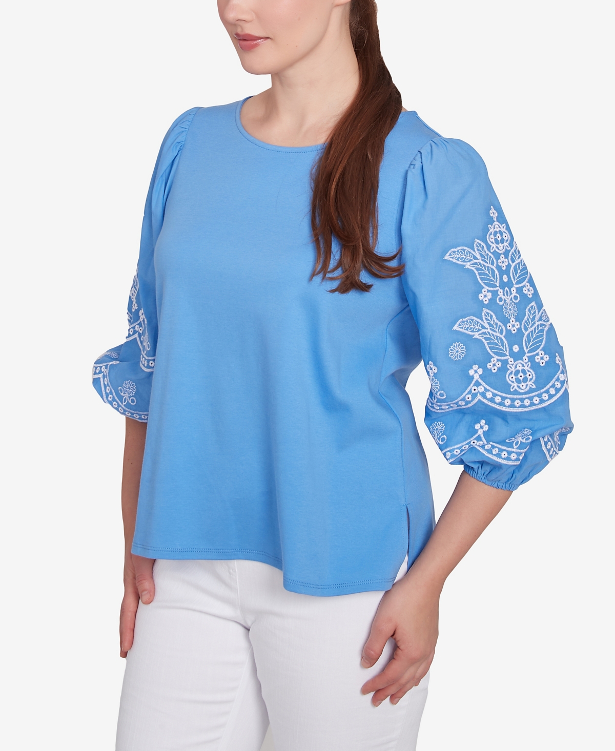 Ruby Rd. Petite Bella Blue Embroidered Three Quarter Sleeve Top In Blue Bird