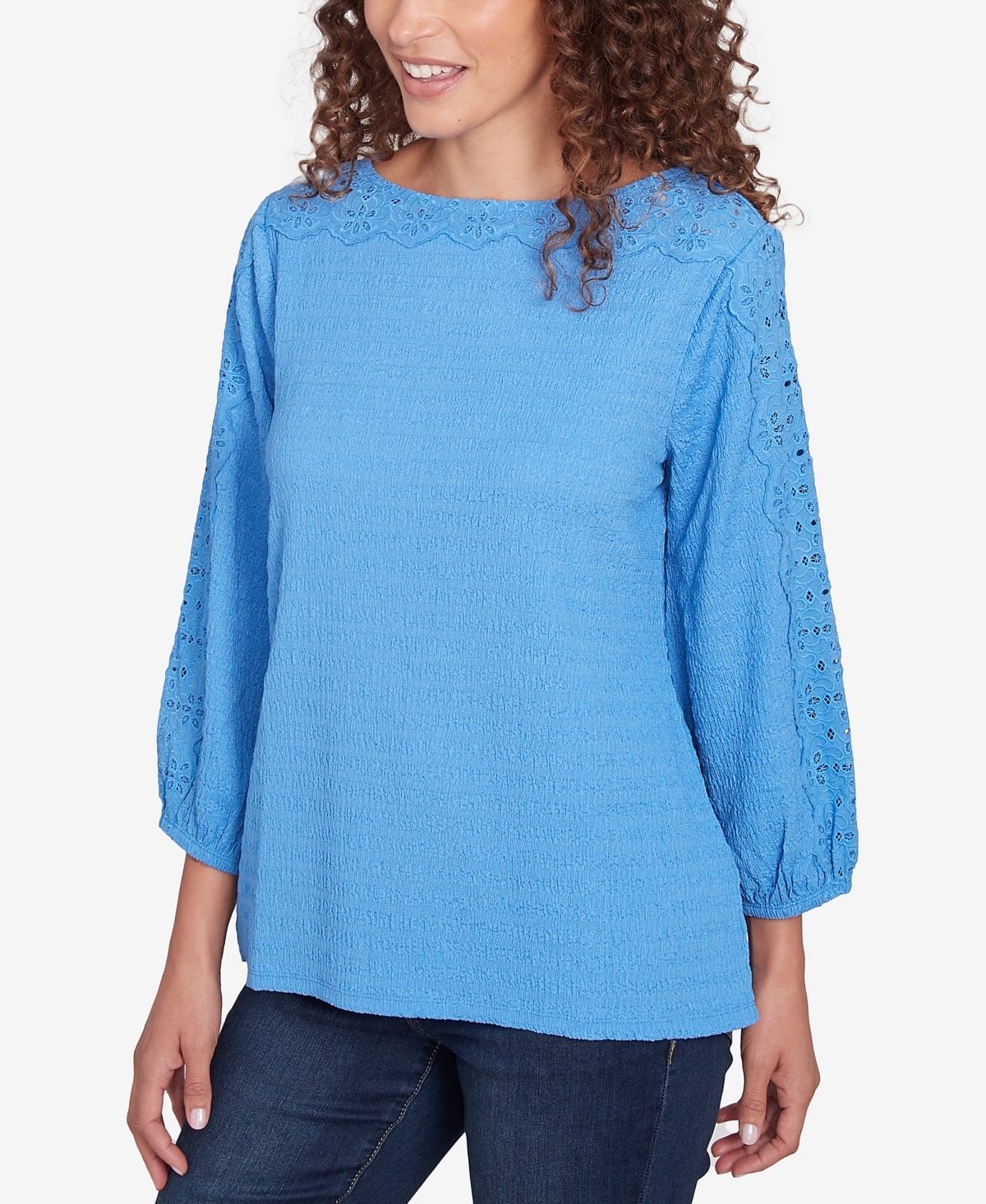 Ruby Rd. Petite Solid Textured Eyelet Sleeve Boat Neck Top In Blue