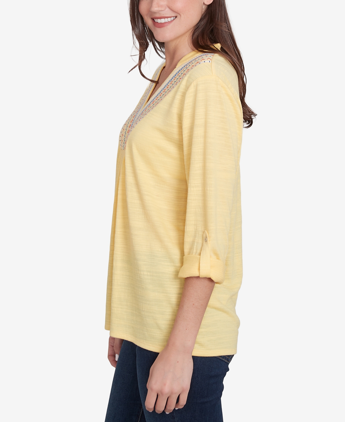 Ruby Rd. Petite Soft Relaxed Textured Trim V-neck Top In Lemon