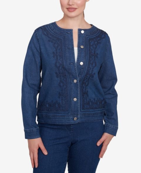 Женские куртки Ruby Rd. Petite Dark Stretch Denim Embroidered Jacket