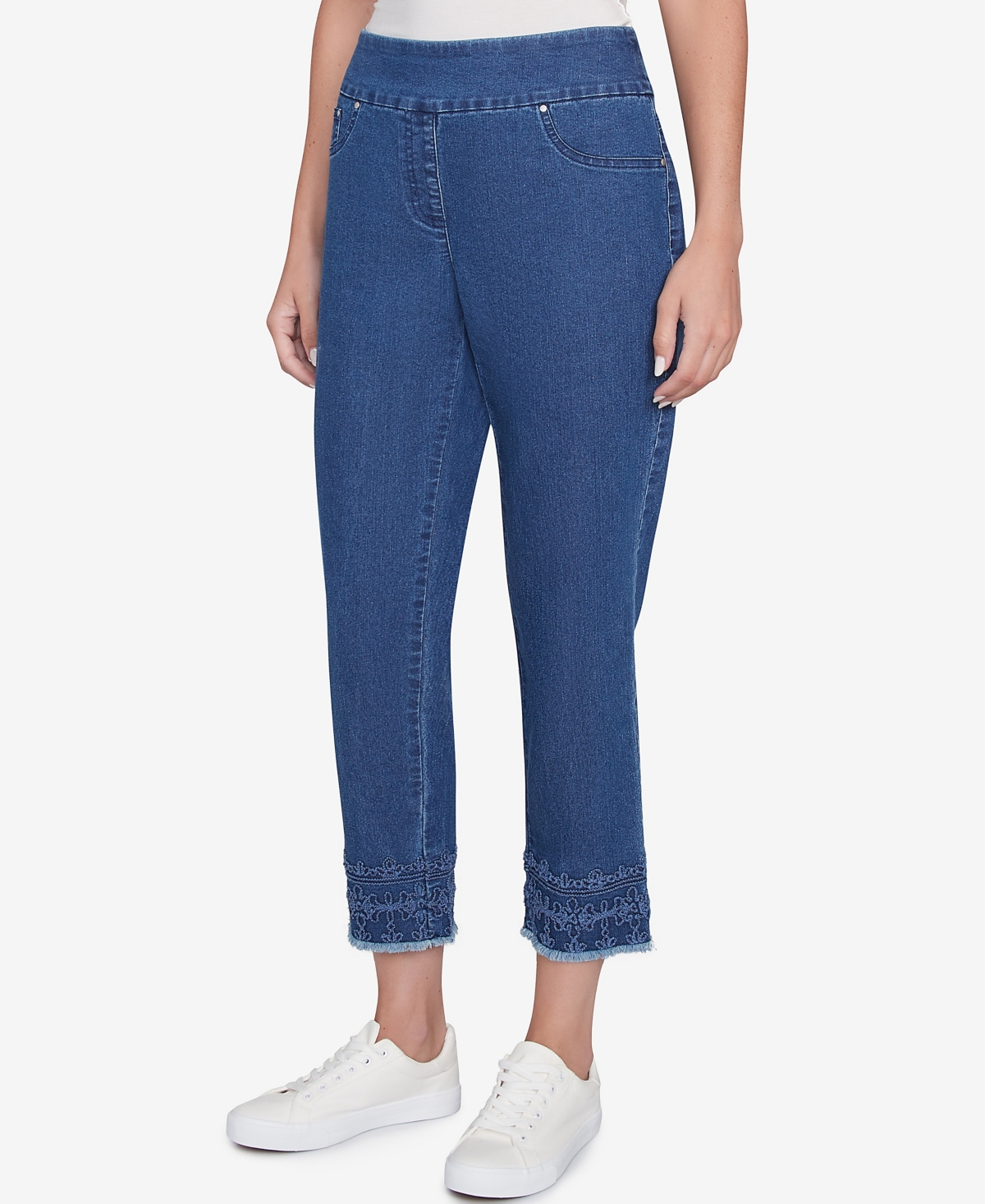 Ruby Rd. Petite Embroidered Extra Stretch Dark Denim Jeans In Blue