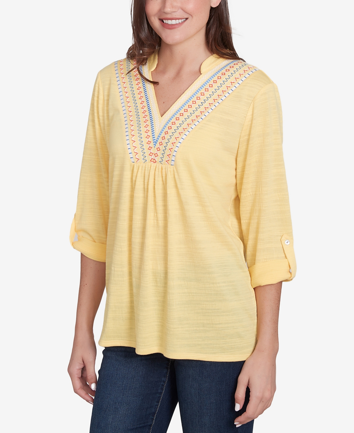 Ruby Rd. Petite Soft Relaxed Textured Trim V-neck Top In Lemon