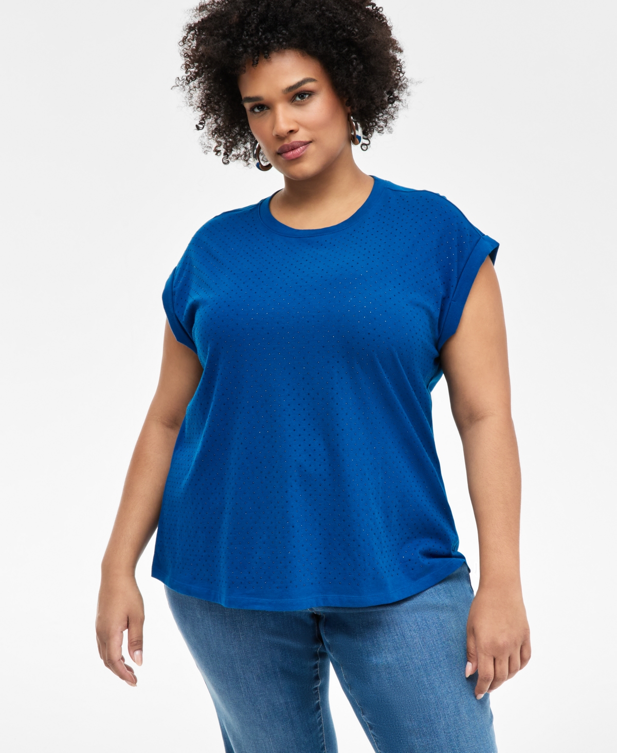 Plus Size Rhinestone Rolled-Sleeve Top, Created for Macy's - Bright White