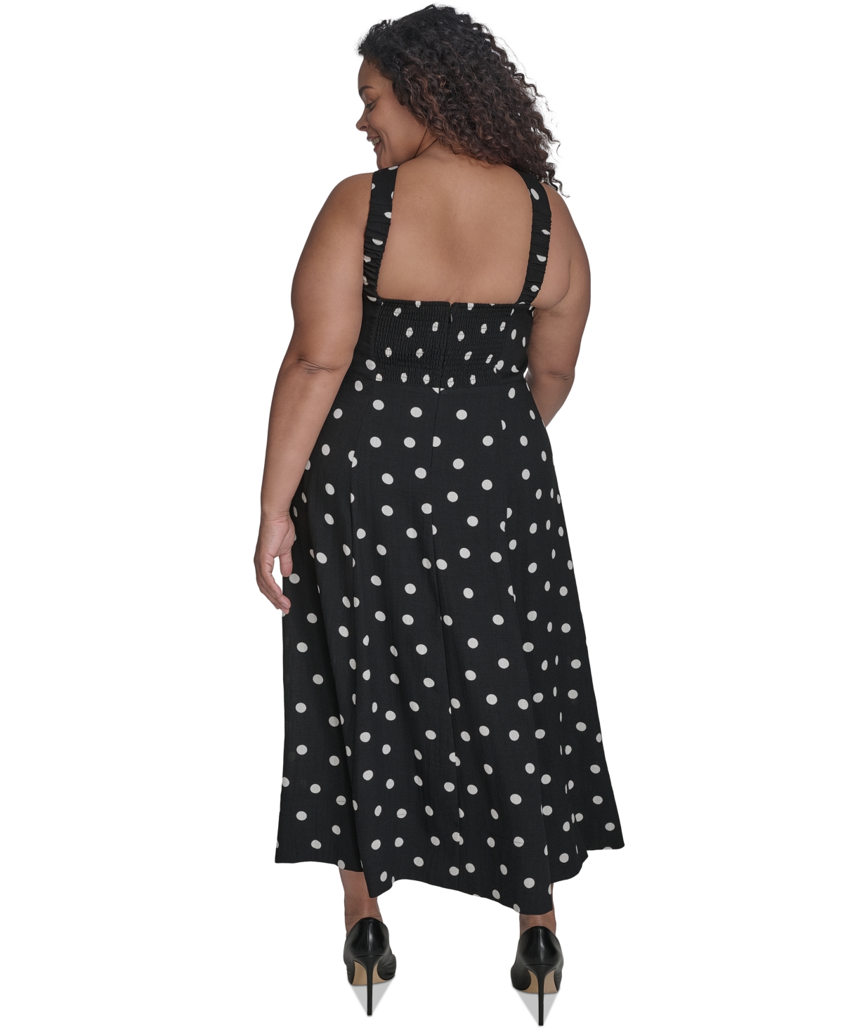 Shop Dkny Plus Size Polka-dot Crisscross Halter Maxi Dress In Black,ivory
