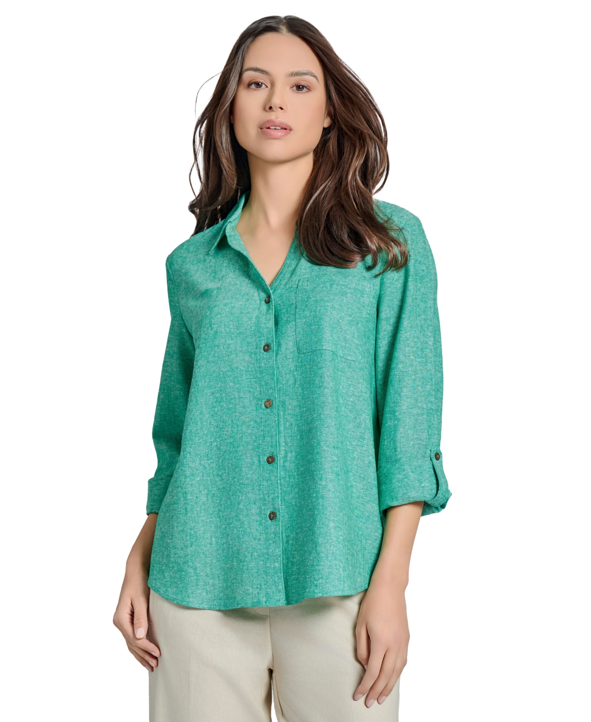 Women's Linen-Blend Roll-Tab Shirt - Kelly/nyc White