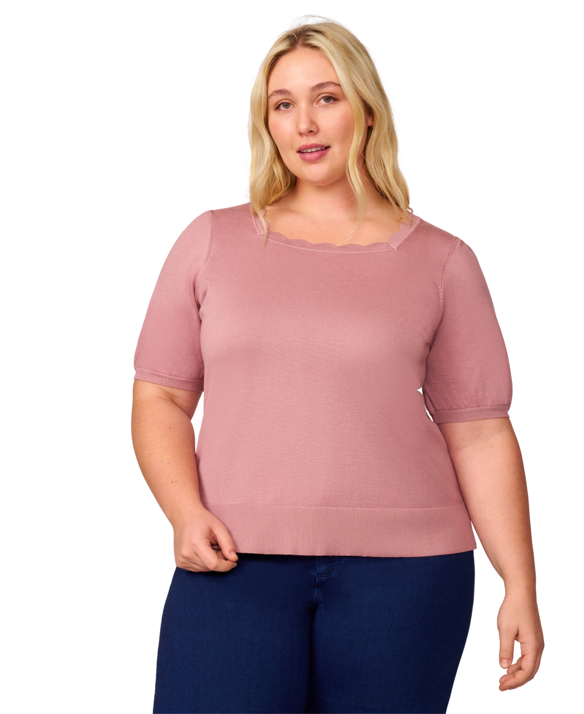 Plus Size Elbow-Sleeve Scalloped-Neck Sweater, Exclusively - Snow White