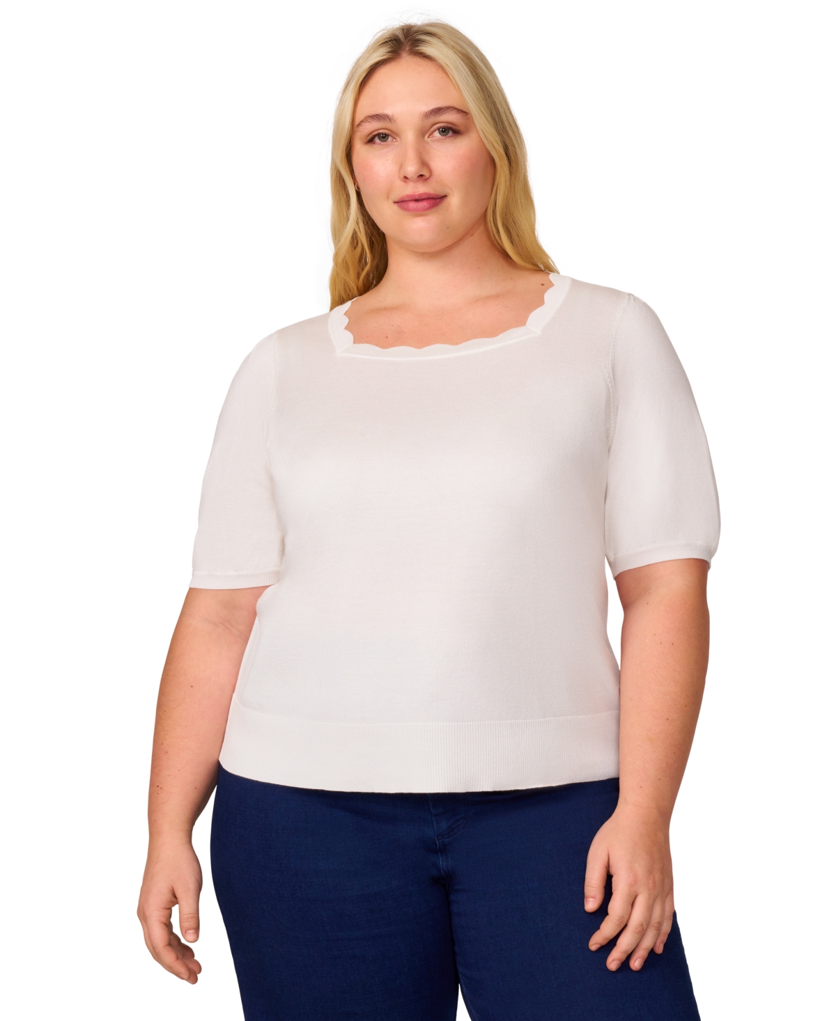 Plus Size Elbow-Sleeve Scalloped-Neck Sweater, Exclusively - Snow White