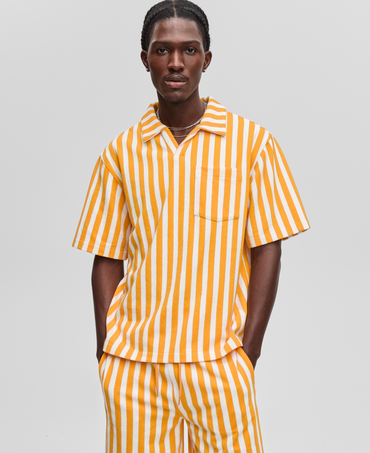 Men's Johnny Collar Striped Terry Shirt, Exclusively at Macy's - Mayan Gold