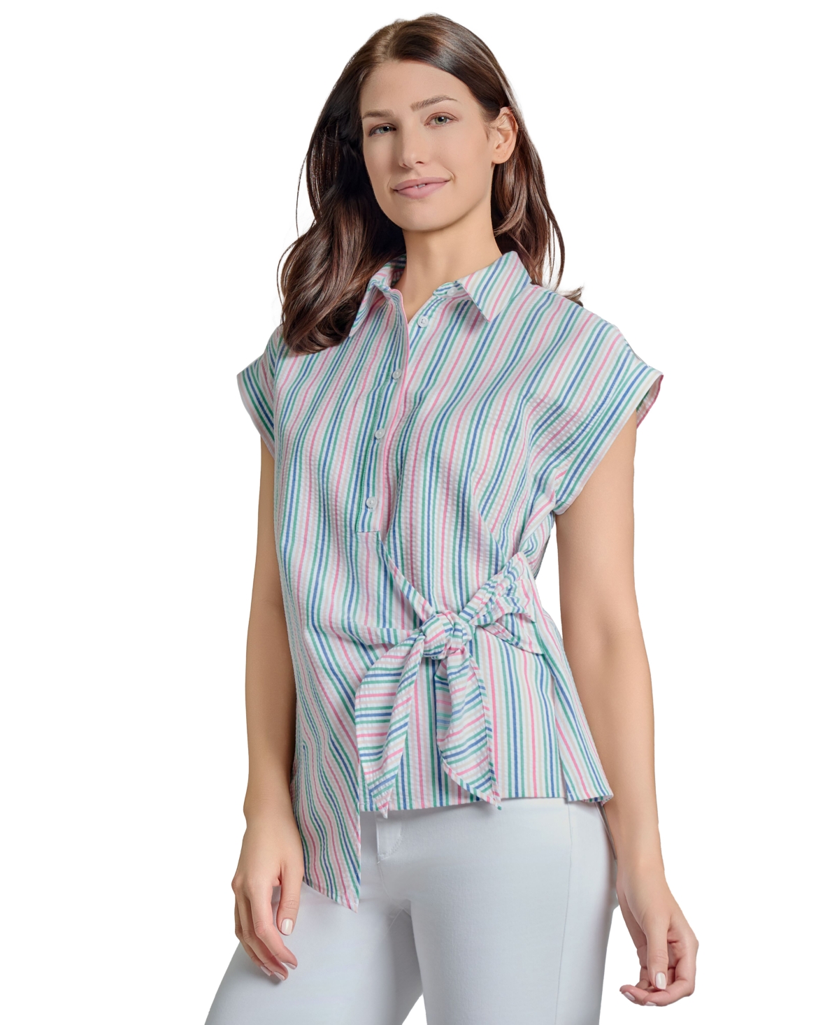Jones New York Stripe Seersucker Faux Wrap Top In Nyc White Multi