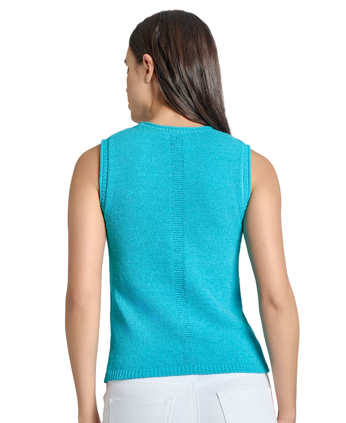 Jones New York Tape Yarn Roll Neck Sleeveless Sweater In Aqua Wave