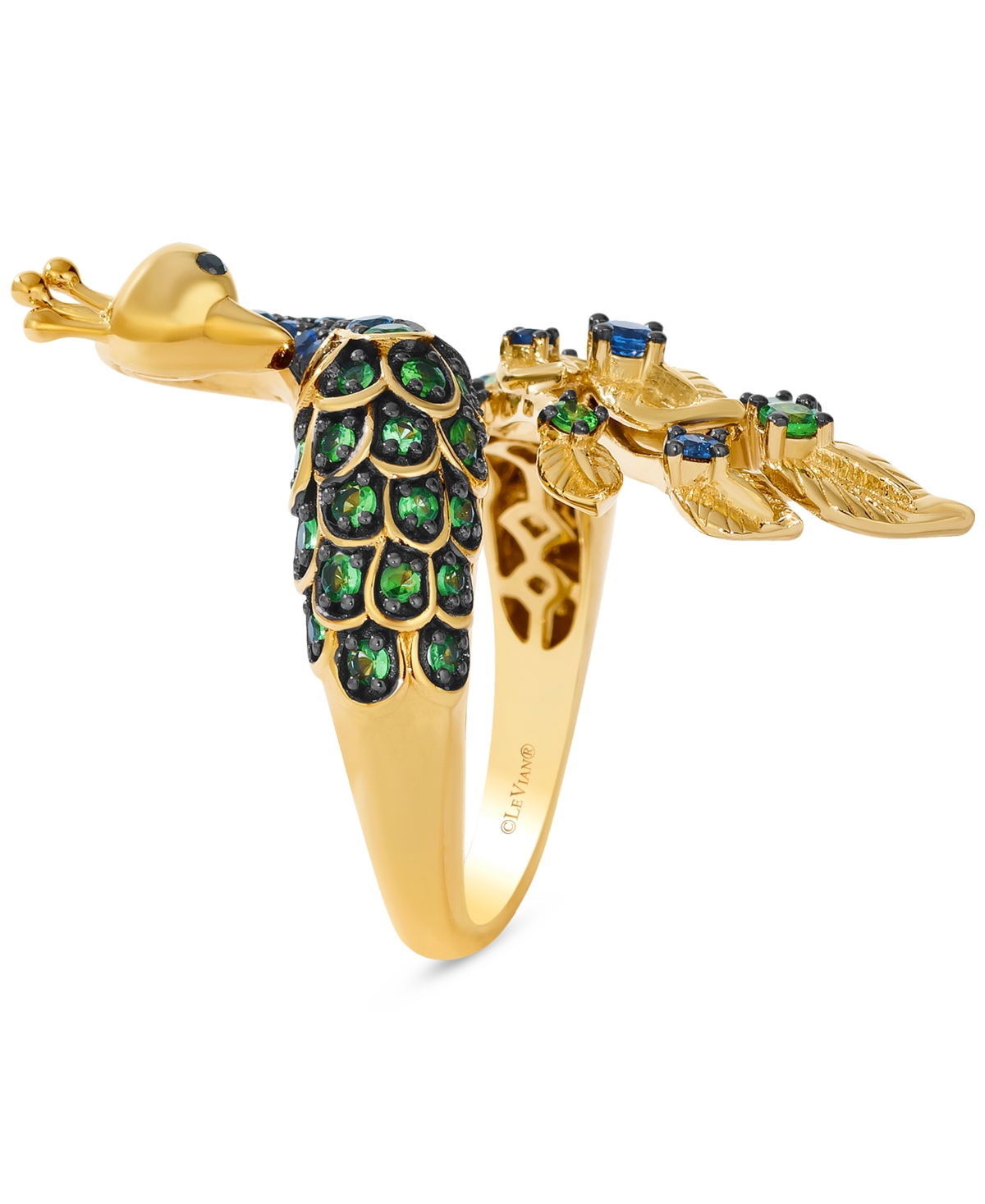 Le Vian Tsavorite (1-1/6 Ct. T.w.), Sapphire (5/8 Ct. T.w.) & Black Diamond Accent Peacock Statement Ring In In Yellow Gold