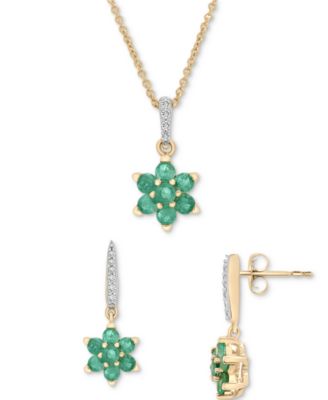 Macy's - Emerald (1-1/20 ct. t.w.) & Diamond (1/20 ct. t.w.) Flower Pendant Necklace & Drop Earrings Set in 14k Gold over Sterling Silver