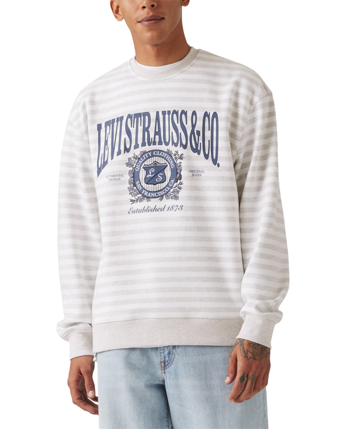 Men's Relaxed Fit Long Sleeve Logo Graphic Striped Crewneck Sweatshirt - White Stripe