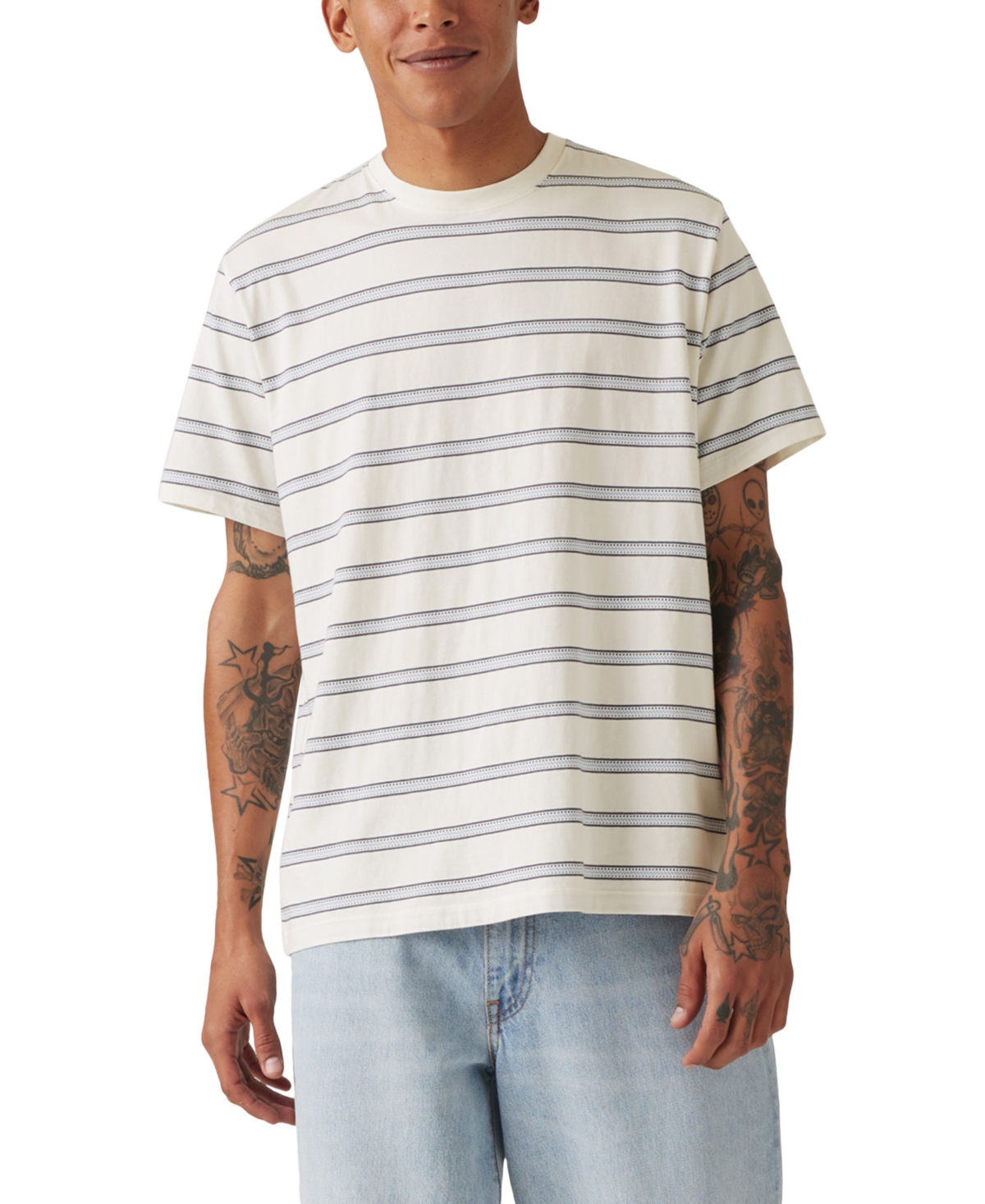 Men's Essential Relaxed Fit Short Sleeve Striped Crewneck T-Shirt - Stripe Egret