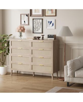 8 Drawer Rattan Dresser, 47.2" x 15.7" x 37" Rattan Chest of Dressers, Mid Century Modern Dresser for Closet with Handles, Large Table Top, Dresser Bedroom, Living Room, Hallway, Entryway