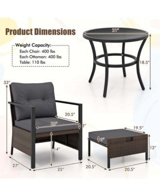 Set of 5 Furniture Set Rattan Chairs & Ottomans w/ Glass Topped Coffee Table Patio