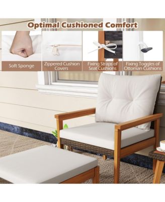 5 Piece Rattan Furniture Set Wood Frame Chairs & Ottomans w/ Square Coffee Table