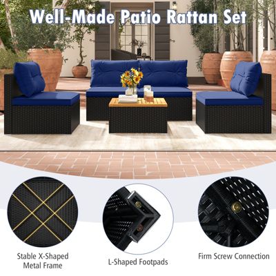 5 Piece Outdoor Furniture Set w/ Seat & Back Cushions Acacia Wood Tabletop