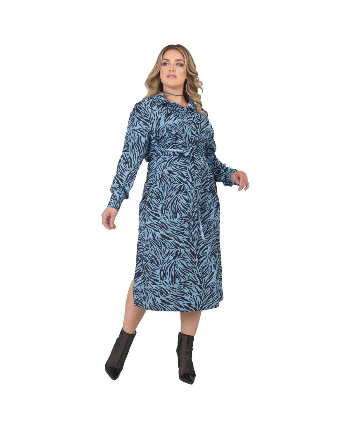 Plus Size Women's Long Sleeve Zebra Print Tie-Front Midi Shirt Dress - Blue zebra